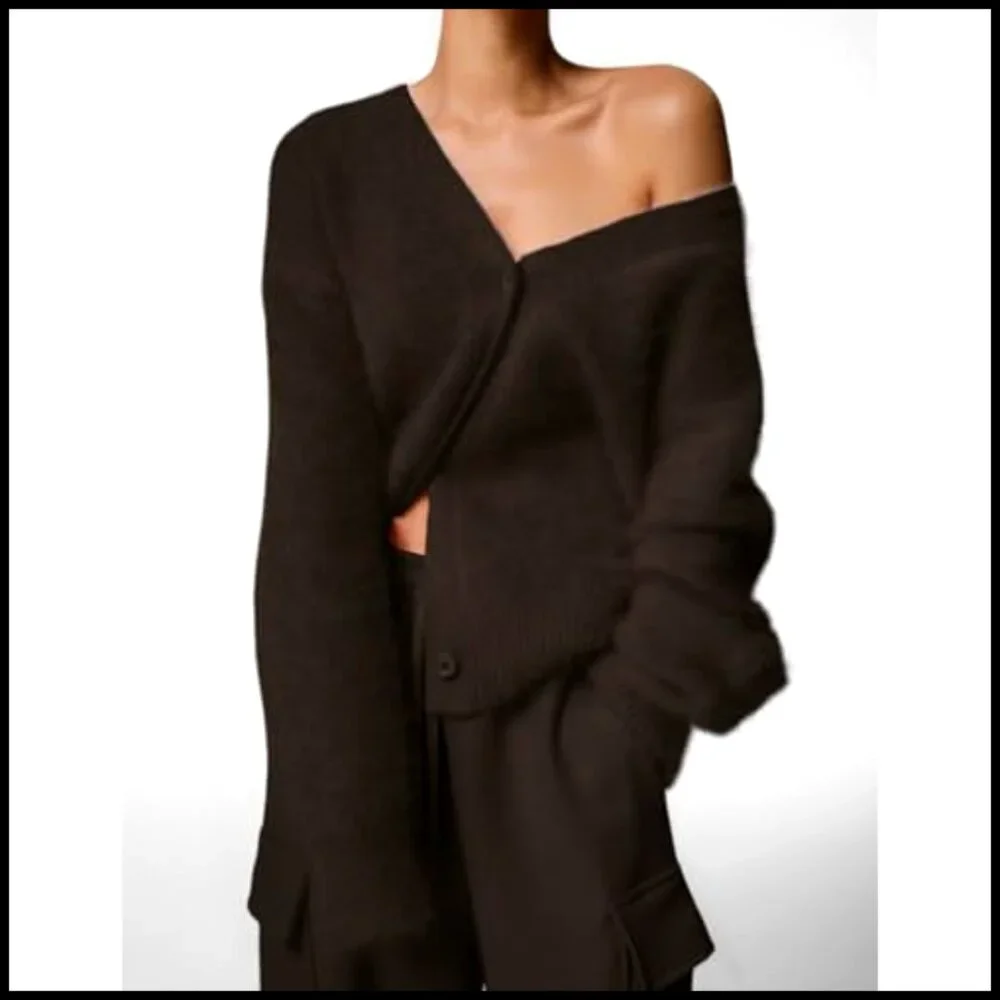 Women's Fuzzy V-Neck Cardigan Long Sleeve Button Down Slouchy Sweater_5